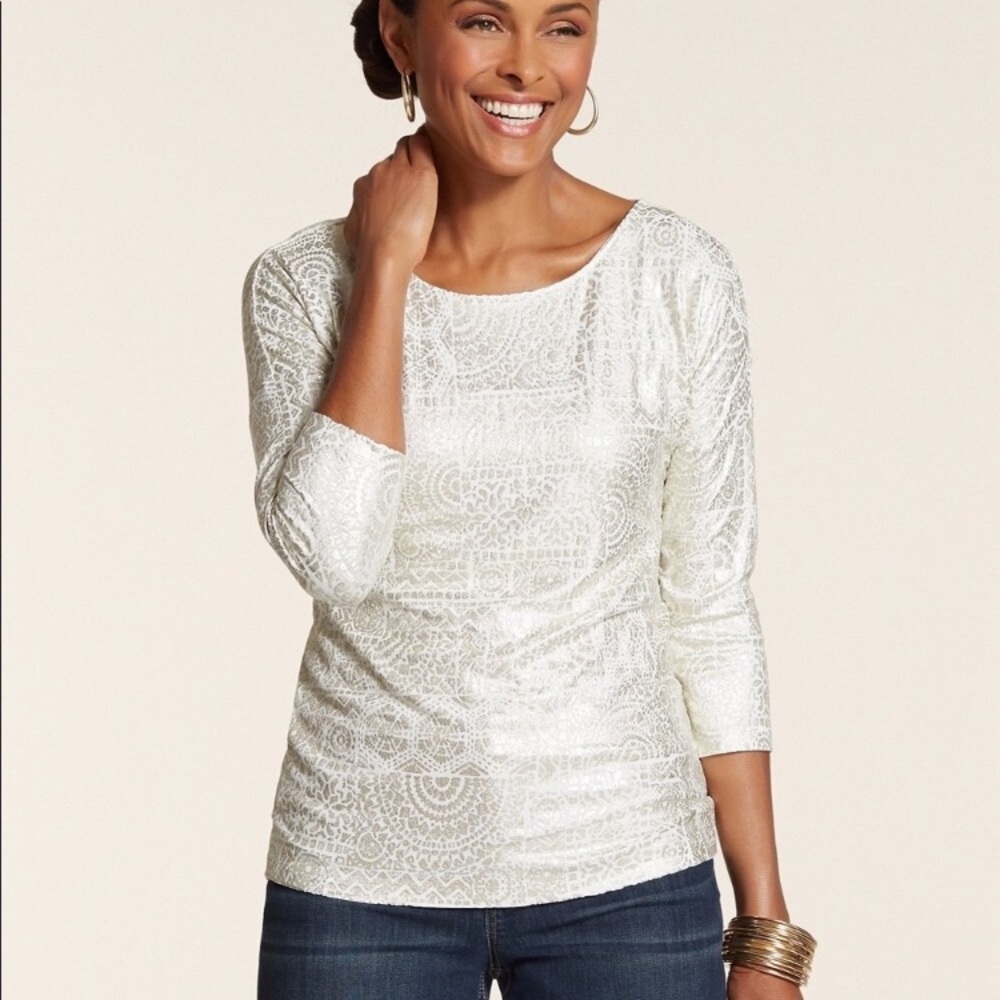 NEW Chico’s Sz L (12/14) Tiled Mosaic Bailey Top Champagne Foil 3/4 Sleeves